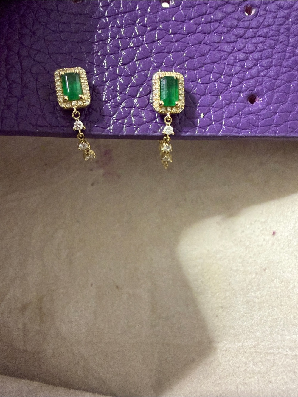 14k Gold Green emerald Drop diamond Earrings